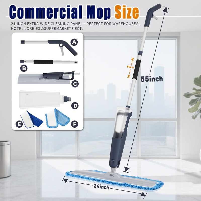 24" Dry mops for Floor Cleaning, Microfiber mop Spray System,
