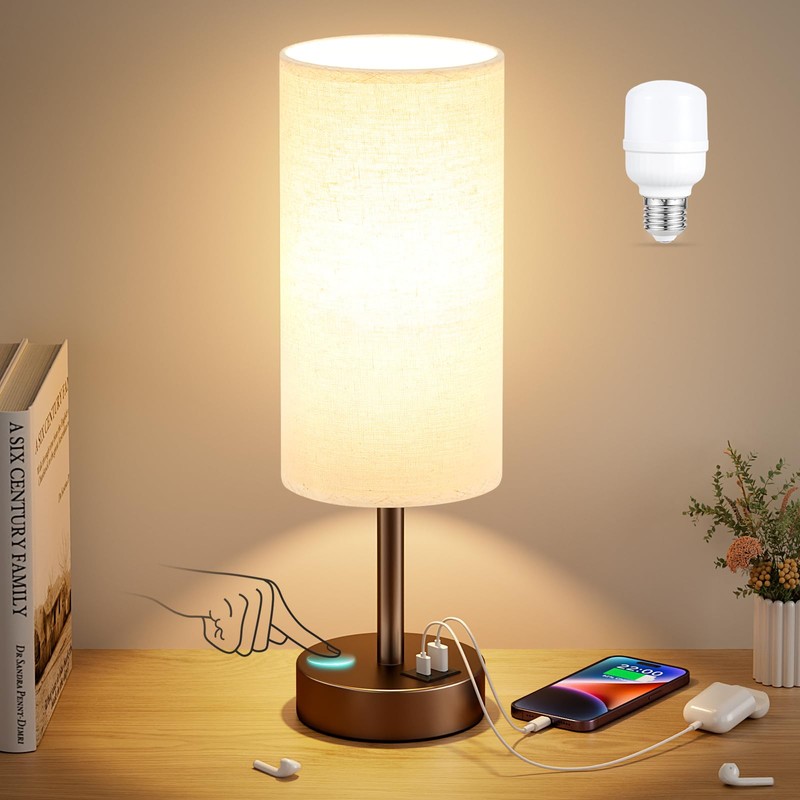 Beige Touch Table Lamp for Bedroom - 3 Way Dimmable