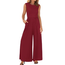 BTFBM Womens Casual Jumpsuits Dressy 2025 Summer One Piece Outfits Crew Neck Sleeveless Knit Wide Leg Pants Romper Beach(Wine Red, Small)