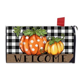 FBCOO Welcome Fall Pumpkin Mailbox Cover Magnetic Standard Size 21" x 19", Autumn Buffalo Plaid Check Polka Dot Decorative Post Letter Box Decor, Thanksgiving Farmhouse Garden Yard Outdoor Decoration