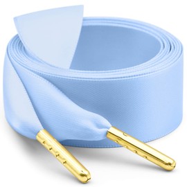 WEGOODZF Ribbon Satin Sneakers Shoelaces: 2 Pair 22mm Wide 47 inch Sky Blue + Gold Metal Tips Flat Silk Shoe Laces