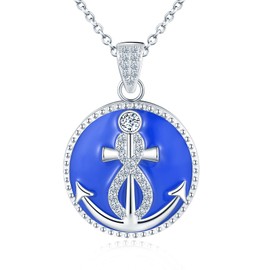 MicLee Locket Photo Necklace for Women and Girl 925 Silver Round Openable Pendants with Zircon Anchor Creative Navy Blue Sterling Silver Necklaces