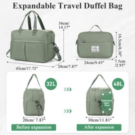 Expandable Personal Item Travel Duffle Bag Weekender Bag for Women Men, Overnight Hospital Carry On Bag with Toiletry Bag for Airplanes Travel Business Trips Sport,Olive Green