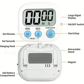 VINPAM-Digital Kitchen Timer with Magnetic Back, Vertical Stand, and Hang Hole - Loud Alarm for Precise Cooking and Baking - Countdown Clock (White)