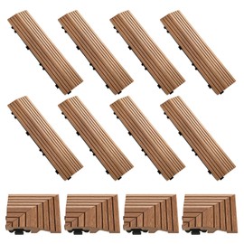 Ripeng Teak 12 Pack Wood Deck Tile Edge Trim Set 8 Pcs Straight Edge 4 Pcs Corner Edges Compatible 12 Inch Interlocking Deck Tiles Teak Patio Trim Easy Install for Flooring Porch Tiles Not Included