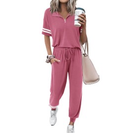MASCOMODA Womens Two Piece Outfits 2025 Summer Short Sleeve Quarter Zip Pullover Tops Jogger Pants Tracksuit Loungewear Set(Pink,Medium)