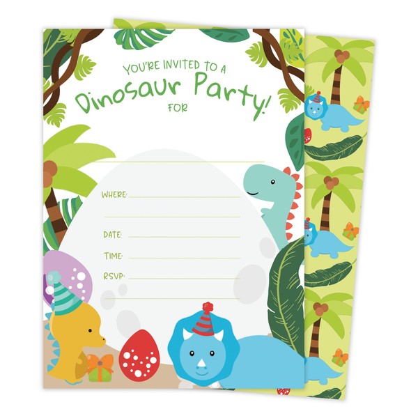 Dinosaur Style 2 Happy Birthday Invitations Invite Cards (25 Count) With Envelopes and Seal Stickers Vinyl Boys Girls Kids Party (25ct)