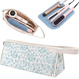 Hair Tools Travel Bag and Heat Resistant Mat for Flat Irons, Straighteners, Curling Iron, and Haircare Accessories, Cotton Floral Carrying Storage Bag, Cute Portable Organizer with Handle (Blue)