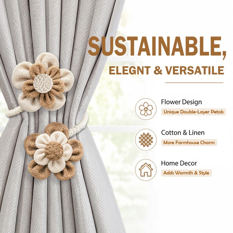 2 Pack Flower Curtain Tiebacks, Linen Cotton Curtain Holdbacks(White&Khaki)