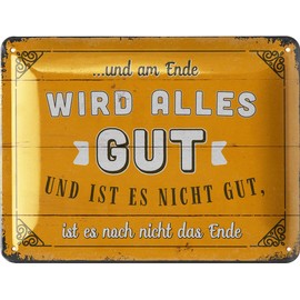LANOLU Retro Tin Sign with Sayings – Alles wird gut Geschenk – Vintage Metal Signs with Sayings – Am Ende wird alles gut – Shabby Chic Decorative Kitchen in Wood Look 15 x 20 cm