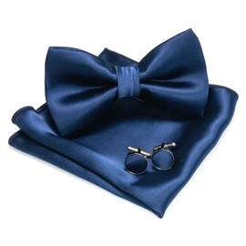 RBOCOTT Navy Blue Bow Tie Silk Bowtie and Pocket Square with Cufflinks Sets for Men