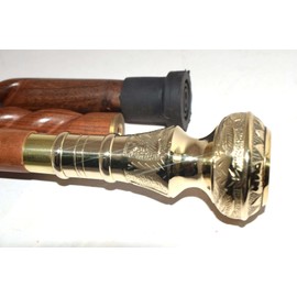 YAMAN ANTIQUE Brass Compass Walking Stick - Men Derby Canes and Wooden Rope Type Walking Stick for Men and Women - 37" Brass Round Shape Handle in Golden Tone Natural Wood Unisex Cane