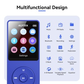 AGPTEK A02X 32GB MP3 Player with Bluetooth 5.3, 1.8 inch Screen Portable Music Player with Speaker, FM Radio, Voice Recorder, Supports Expanded Up to 128GB, Blue