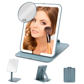 Travel Size Mirror with Lights and Removable 10X Magnification mirror,Rechargeable Compact Mirror Large with Angle and Height Adjusting Stand,Portable LED Mirror with 3 Light Colors & Stepless Dimming