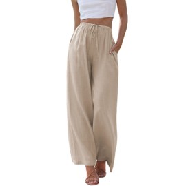 Hooever Women's Wide Leg Cotton Linen Pants High Waist Adjustable Tie Knot Lounge Trousers(Khaki-M)