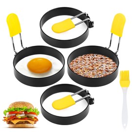 Spiegeleiform für Bratpfanne, 4 Stück Pancake Form Egg Ring, Rund Spiegelei Schimmel, Spiegeleiform Edelstahl Ei Ring, Antihaft Pfannkuchenform mit Klappgriffen und Ölpinsel
