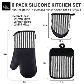 Homewear Marlow Silicone Extra Long Oven Mitt and Pot Holder 6 Piece Set with Mini Mitts, Heat and Slip Resistant, Recycled Cotton with Soft Lining, Thick Kitchen Gloves for Cooking and Baking, Grey