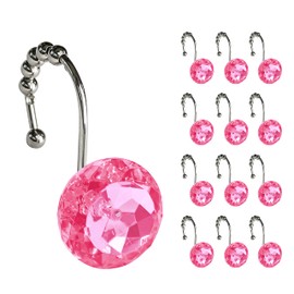Sunlit Luxury Design Round Hot Pink Diamond Crystal Gem Bling with Glide Balls Shower Curtain Hooks, Rust Proof Metal Rhinestones Glam Shower Curtain Rings-12 Pack