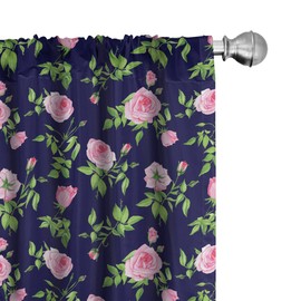 Ambesonne Navy and Blush Curtains, Vintage Roses and Buds Romantic Feminine Floral Pattern Old Fashioned, Window Treatments 2 Panel Set for Living Room Bedroom, Pair of - 28" x 63", Indigo Green