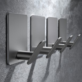 Taozun 4 Pack Sticky Adhesive Hooks - No Damage Wall/Door Hangers for Bathroom Towels, Coats, Purses, Keys - Stainless Steel, Ideal for Dorms & Home, Grey