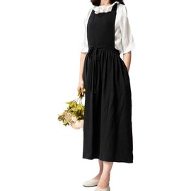 LeafIn Women's Flower Pattern Apron One-Piece Cotton 2-Way Pocket Long Length Kitchen Cafe Style Cooking Class, 02.black