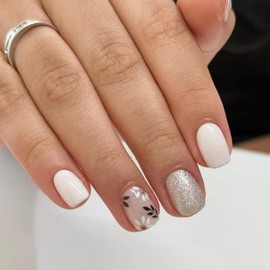 White Press on Nails Short Square Fake Nails with Flower Leaf Design Glossy Glitter False Nails Spring Acrylic Nails Cute Full Cover Reusable Summer Stick on Nails for Women Girls Manicure 24Pcs