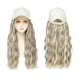 AliRobam Synthetic Wig Hat with Natural Wave hair Extensions attached for woman Baseball cap wig mix blonde white curly wavy Hairstyle Adjustable Beige Hat Wig (MiFAB, 22inch)