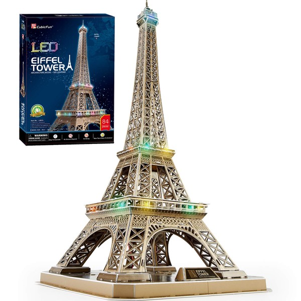 CubicFun 3D Puzzle for Adults Eiffel Tower with Shining LED Lights, Romantic Paris Architecture Model Building Kits Decor, Gift for Women Men, 84 Pieces