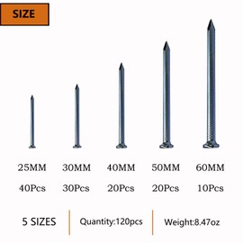 ELOOGAA 5 Sizes 120pcs Galvanized Hardware Nails Assortment Kit,Up to 2-3/8inch Long Nails for Hangig Pictures, Good Hardness Picture Hanging Nails,Wall Nails,Wood Nails