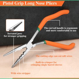 LEONTOOL 9 Inches Pistol Grip Long Nose Pliers with Crimper and Wire Cutter, Offset Pistol Grip Plier with Serrated Jaws Non-slip Handles Long Reach Long Needle Nose Pliers Working in Tight Spaces