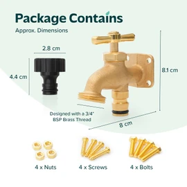 Brass Anywhere Tap with ¾ BSP Brass Thread | Outdoor Tap with Screw & Wall Plug Fittings | Outside Garden Tap 80mm X 80mm X 40mm Union Bib Tap | Antique Brass Tap for Gardens, Garages, & Stables