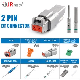 JRready Deutsch Connector 2 Pin Connector Kits with Size 16 Solid Contacts(14-20AWG), ST6328-2 DT Series Waterproof Connector 2 Pin 5 Sets and Deutsch Pin Removal Tool DRK-RT1B with Mounting Clips