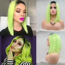 Heat Resistant Women's Cosplay Summer Synthetic Wigs For Drag Queen Black Roots Ombre Fluorescent Green Short Bob Hair Shoulder Length Handmade Lace Frontal Wigs Natural Hairline Bright Color 14"