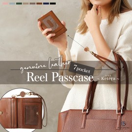 BLUE SINCERE Premium Leather Pass Case with Reel, Genuine Leather, Women's, Large Capacity, Holds 7 Cards, Commuter Pass Holder, Employee ID Holder, Bi-Fold, Middle View Invisible, License Holder