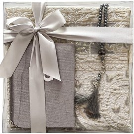 Tekbir Muslim Prayer Rug Prayer Beads with 50 Quran Surah - Soft Elegant Design Islamic Spiritual Gift Box Janamaz - Portable Prayer Mat Carpet for Muslims - Sajadah Prayer Carpet Occasions Mat (GREY)