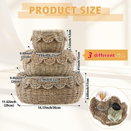 Cinnvoice Set of 3 Scalloped Baskets with Lids 10/13/14 Inch Hand Woven Storage Wicker Baskets for Baby Shower Gifts Baby Diaper Caddy Organizer for Nursery Room(Sea Grass)