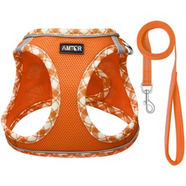 AMTOR Small Dog Harness with Leash Set, No Escape Easy Walk Puppy Harnesses for Training Walking, Step-in Reflective Soft Dogs Vest for XS S Medium Extra-Small Large Sized Dog(XL Size,Orange/White)