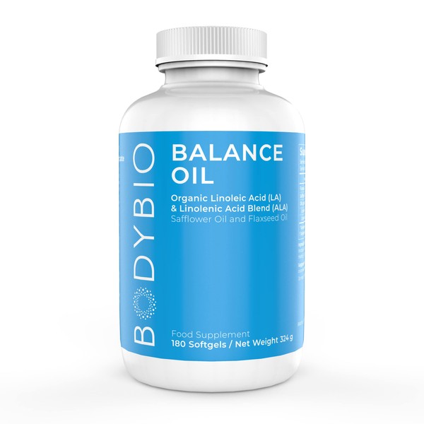 BodyBio Balance Oil | (Omega 3 + 6) | Safflower and Flax Seed Oil Blend | Cold Pressed | LA & ALA Essential Fatty Acids | 180 Softgels