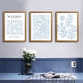 VisionaryBrush 3 pieces Matisse Light Blue Flower Canvas Wall Art, Boho Blue Art Wall Decor, Abstract Coastal Preppy Picture Art Prints for Gallery Living Room Bedroom Decor Framed 12x16 Inches​