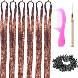 Hair Tinsel Kit with Tools 43 Inch 6 Packs 1200 Strands Tinsel Hair Extensions for Women and Girls Heat Resistant Sparkling Shiny Glitter Hair for Christmas Cosplay Party New Year (43 inch, coffee)