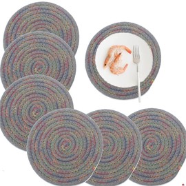 6PCS Premium Handmade Cotton Rope Woven Placemats - Heat Insulating Round Coasters for Kitchen Table, Thickened Casserole Mats, Perfect for Serving and Dinner Parties