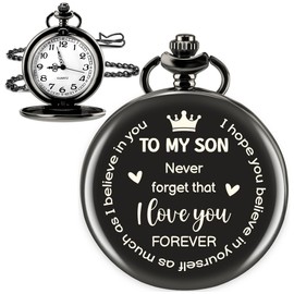 XZtimes Son Gifts from Mom Dad Fathers Day Birthday Graduation Xmas Valentines Day Gifts Ideas for Son Stepson Vintage Engraved Pocket Watch with Chain Gift for Men Stocking Stuffer for Men