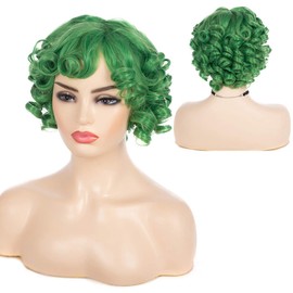 Baruisi Short Curly Green Wigs for Women Synthetic Natural Wavy Costume Wig for Cosplay Party