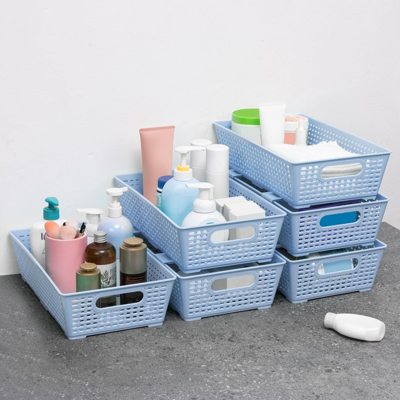 Stackable Woven Plastic Basket, Storage Bins for Cabinet, Closet, Shelf,