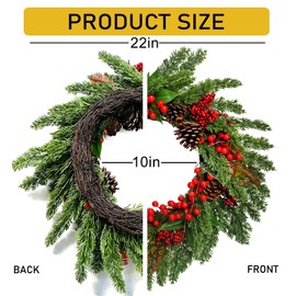 24 Inch Christmas Wreath with Lights, Christmas Wreaths for Front Door and Indoor Outdoor Party Decoration Wall Table Home Decor, Winter Wreath Door Wreath with Red Berries