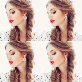 JewelryWe 4 Pairs Boho Rattan Drop Earrings,Lightweight Straw Wicker Braided Hand-Woven Geometric Statement Earring Set for Women Girls