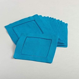 12 Piece All Seasons Easter 6" x 6" Classic Hemstitched Cocktail Napkins Set, Traditional Linen Blend Cotton Napkins Set, Casual Coaster Type Solid Color Pattern Square Shape Azure Blue Napkins Set