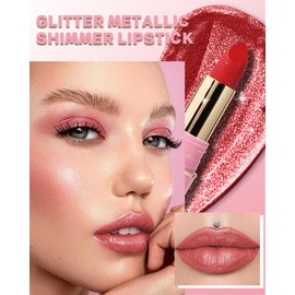 Glitter Metallic Ruby Red Shimmer Lipstick Long Lasting, High Shine Glitter Diamond Creamy Nude Lipstick Transfer Proof Non-Stick Lip Gloss Shimmer High Impact Full Coverage Lip Makeup for Women-04