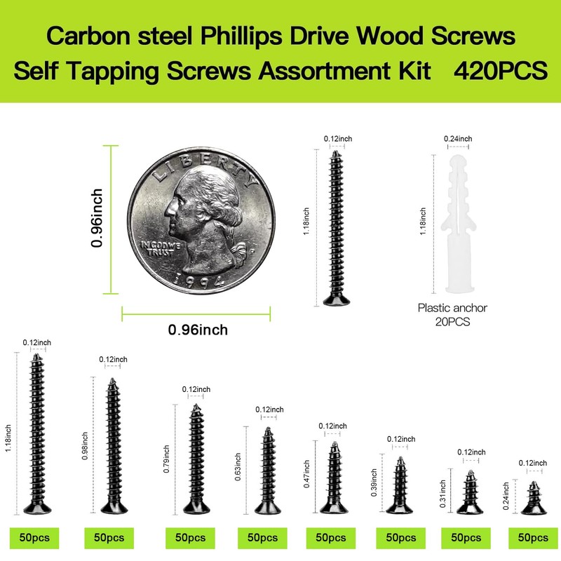 M3 Flat Head Wood Screws Assortment Fasteners Kit 420pcs,Phillips Drive