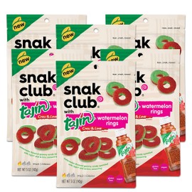 Snak Club Tajin Watermelon Rings, Chili & Lime Sweet & Spicy Gummy Snacks, Mild in Heat Bold in Flavor, Gluten-Free Snack, 5oz Resealable Bag, 6 Count